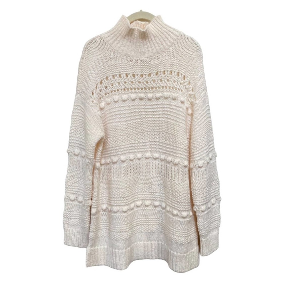 Lou & Grey Cream Large Knit Pom Pom Mock Turtleneck Long Sweater Size Small